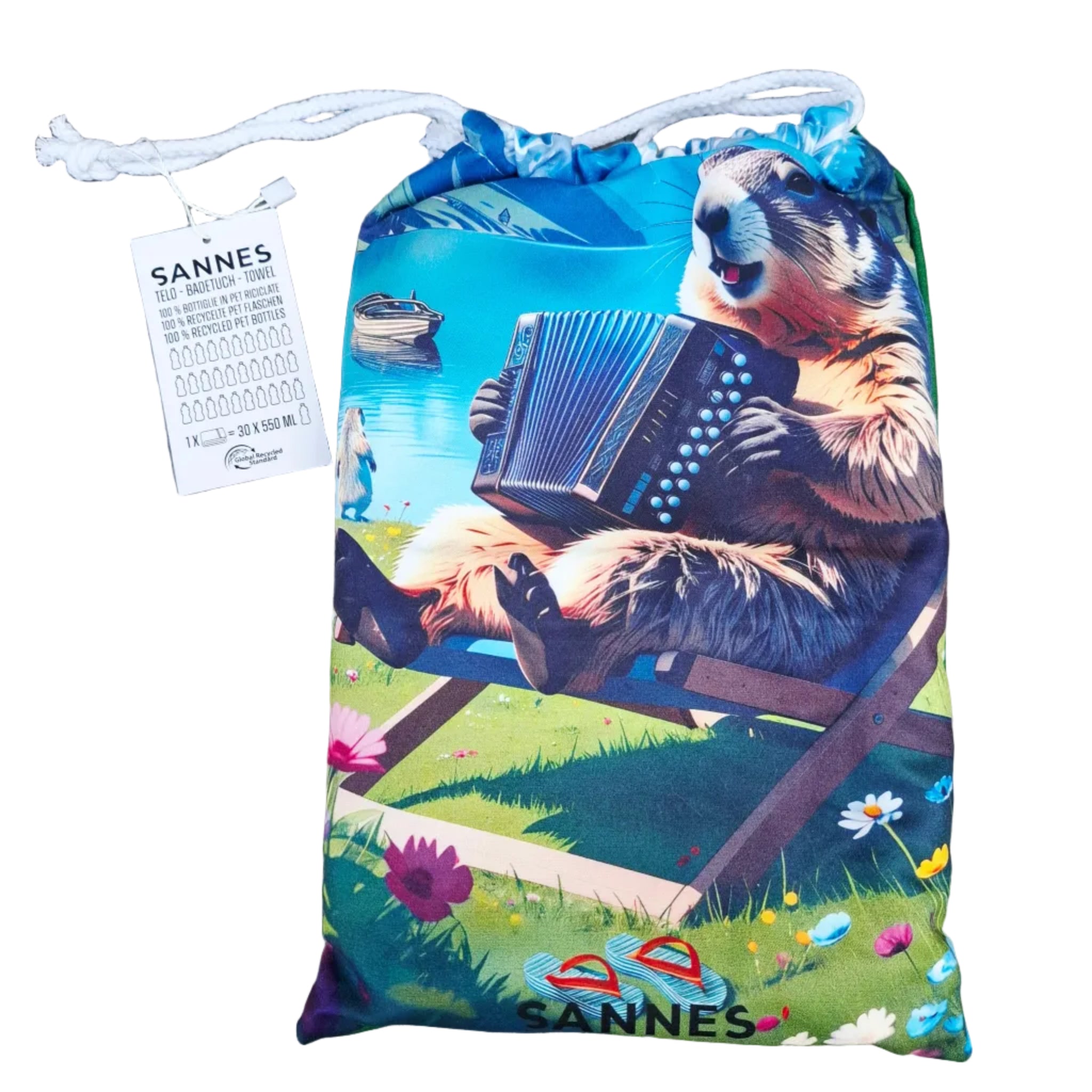 Strandtuch mit Murmeltier und Ziehharmonika von SANNES südtirol