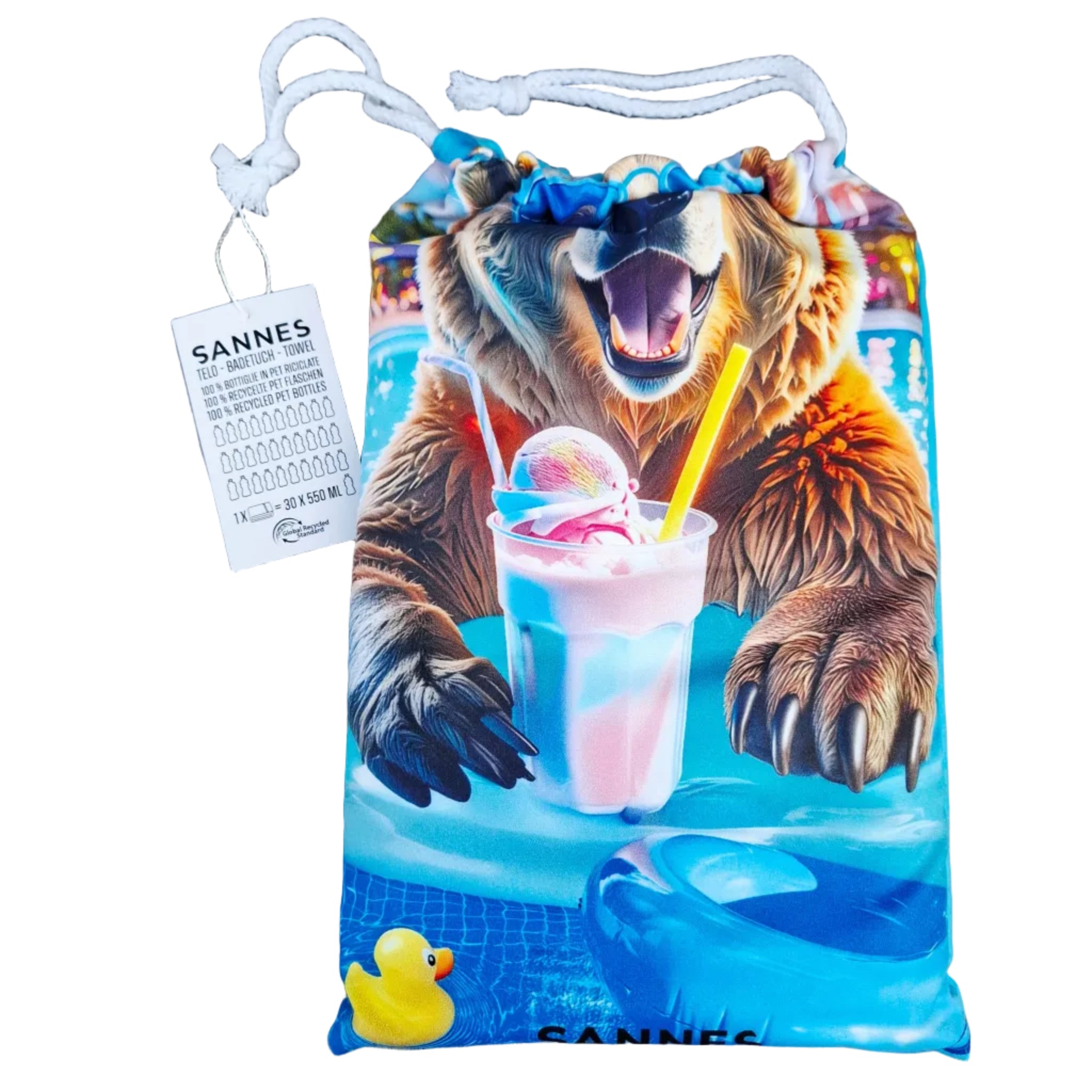 Lustiges Strandtuch mit Bär im Pool