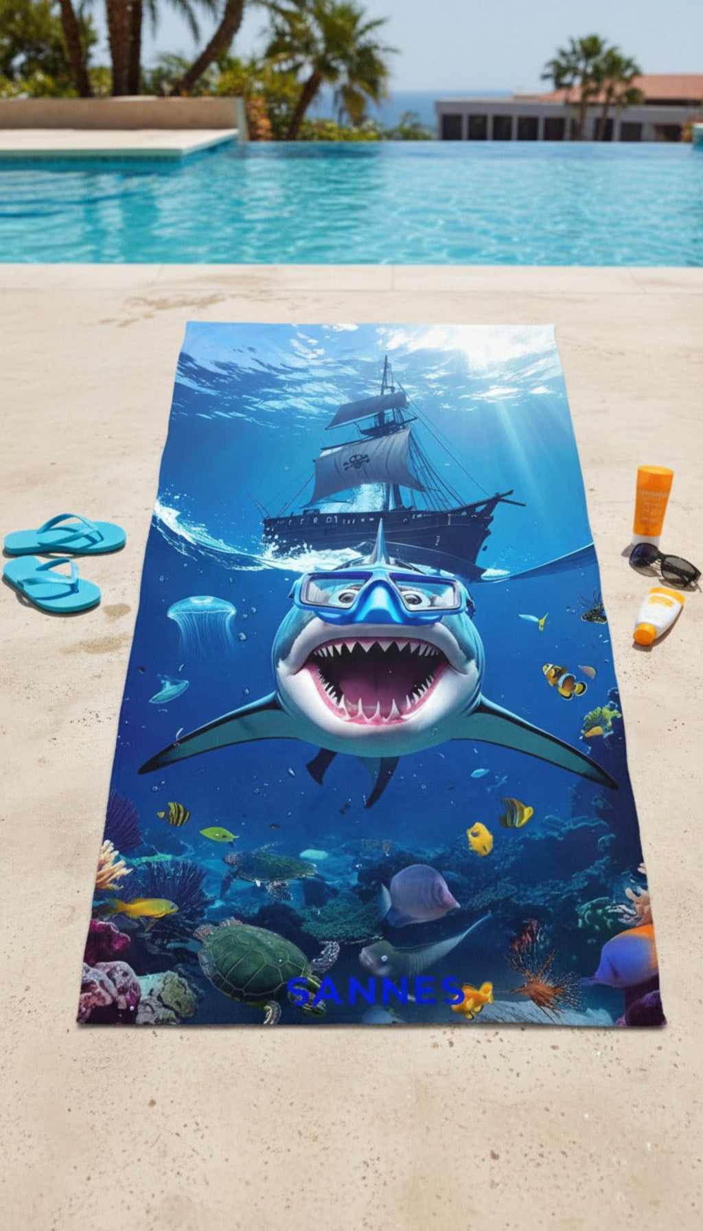 SANNES Hai mit Piratenschiff Strandtuch Telo con squalo